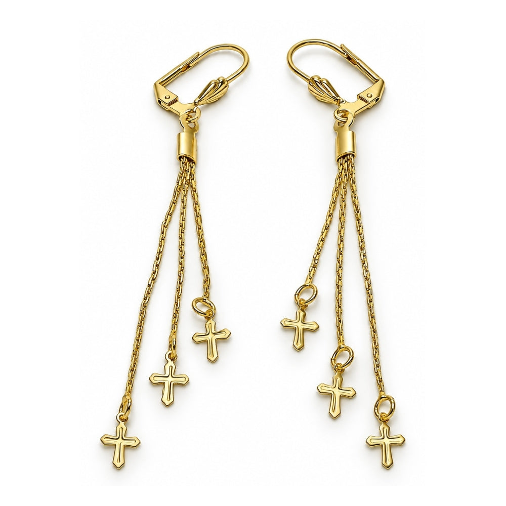 Oro Laminado Long Earring, Gold Filled Style Cross Design, Polished, Golden Finish