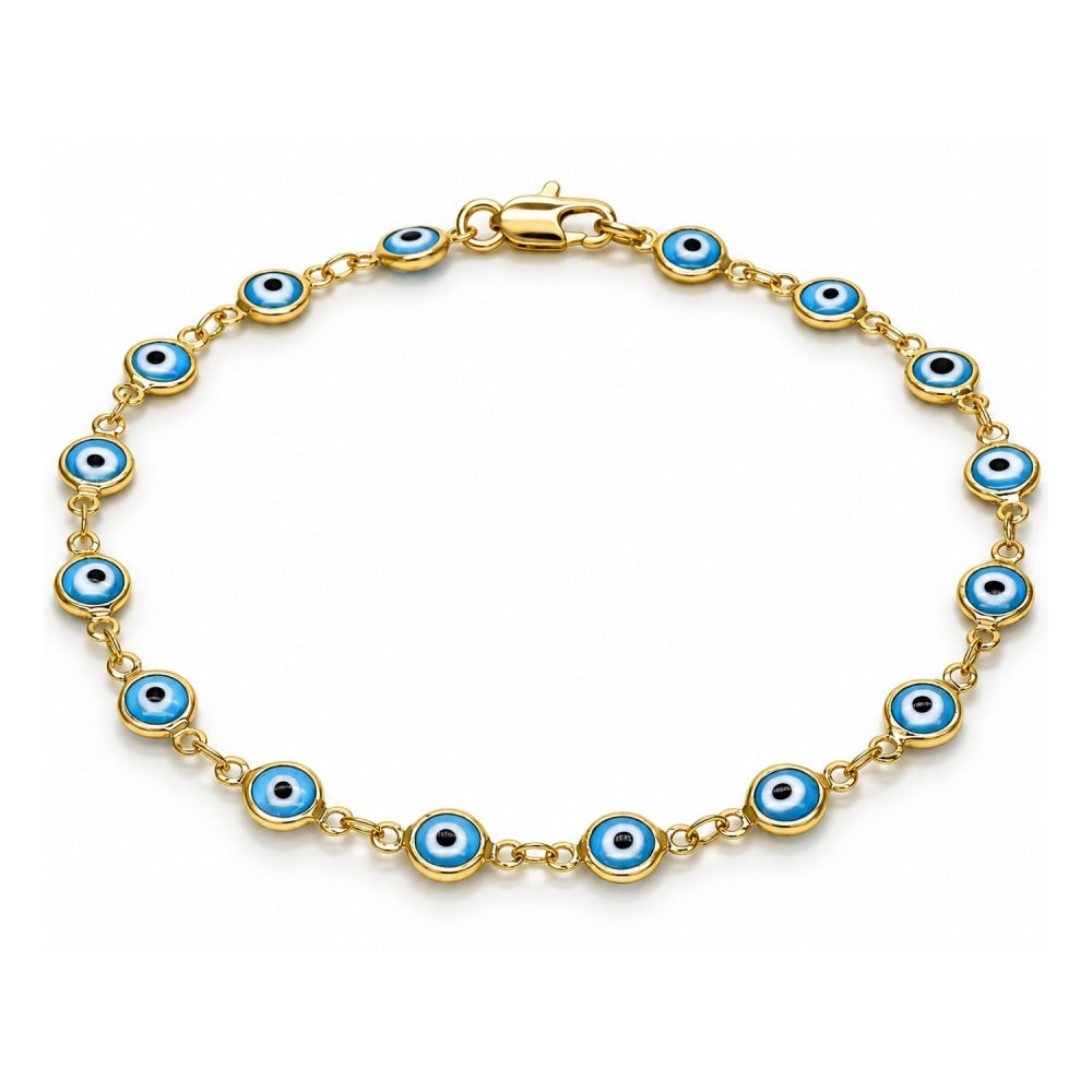 Oro Laminado Fancy Anklet, Gold Filled Style Evil Eye Design, Acqua Resin Finish, Golden Finish