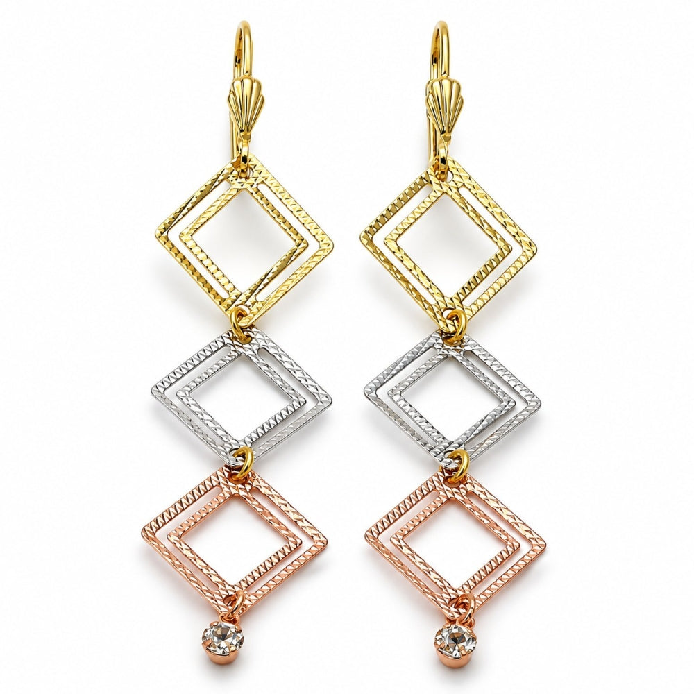 Oro Laminado Long Earring, Gold Filled Style with White Cubic Zirconia, Diamond Cutting Finish, Tricolor