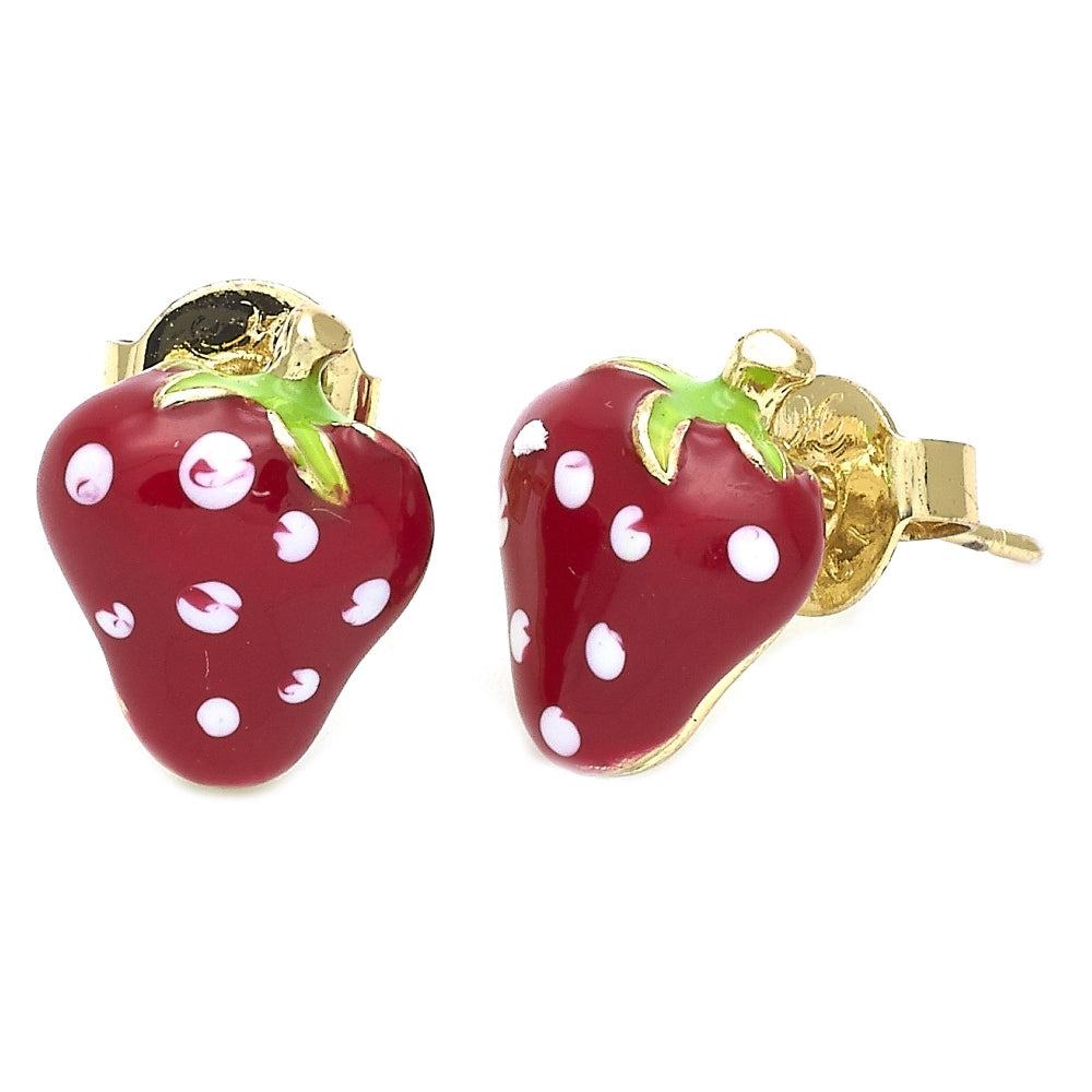 Oro Laminado Stud Earring, Gold Filled Style Strawberry Design, Multicolor Enamel Finish, Golden Finish