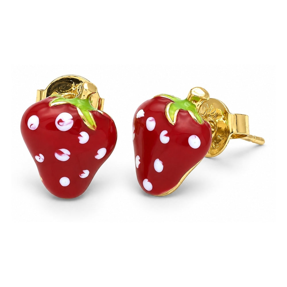 Oro Laminado Stud Earring, Gold Filled Style Strawberry Design, Multicolor Enamel Finish, Golden Finish