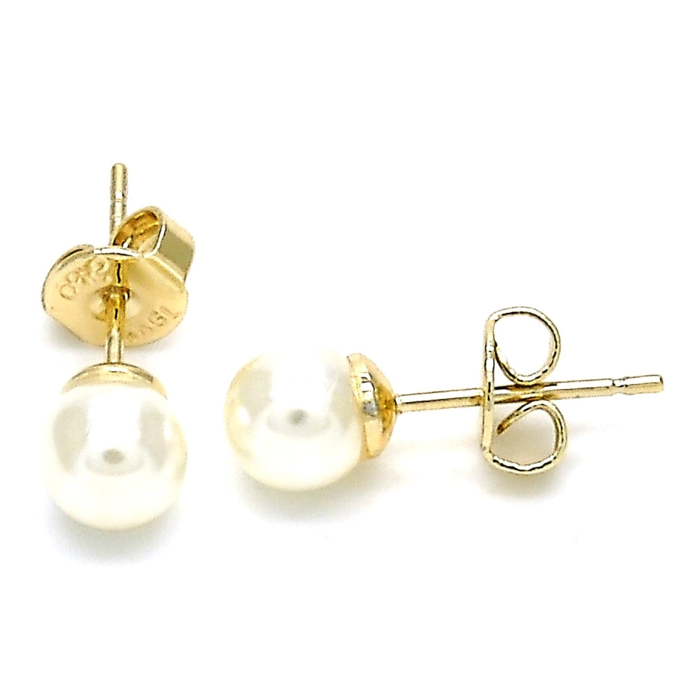 Oro Laminado Stud Earring, Gold Filled Style Ball Design, with Ivory Pearl, Polished, Golden Finish
