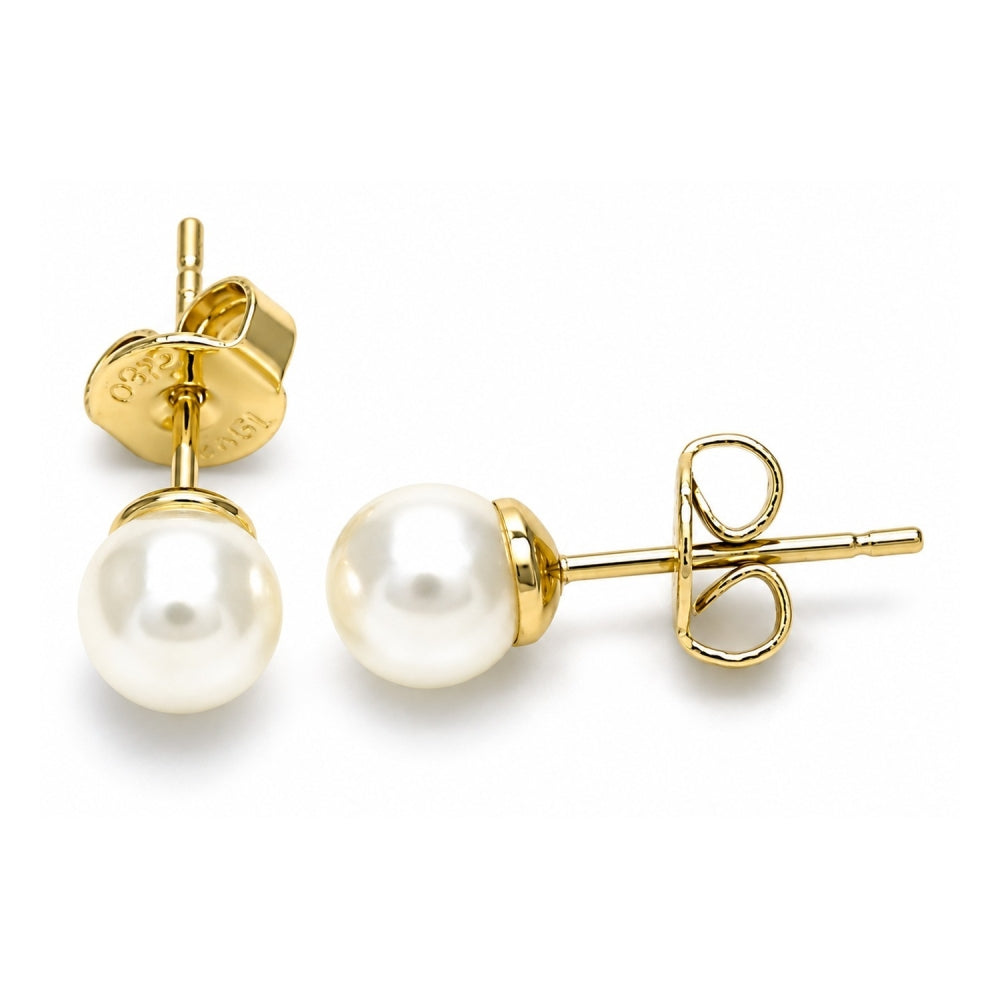Oro Laminado Stud Earring, Gold Filled Style Ball Design, with Ivory Pearl, Polished, Golden Finish