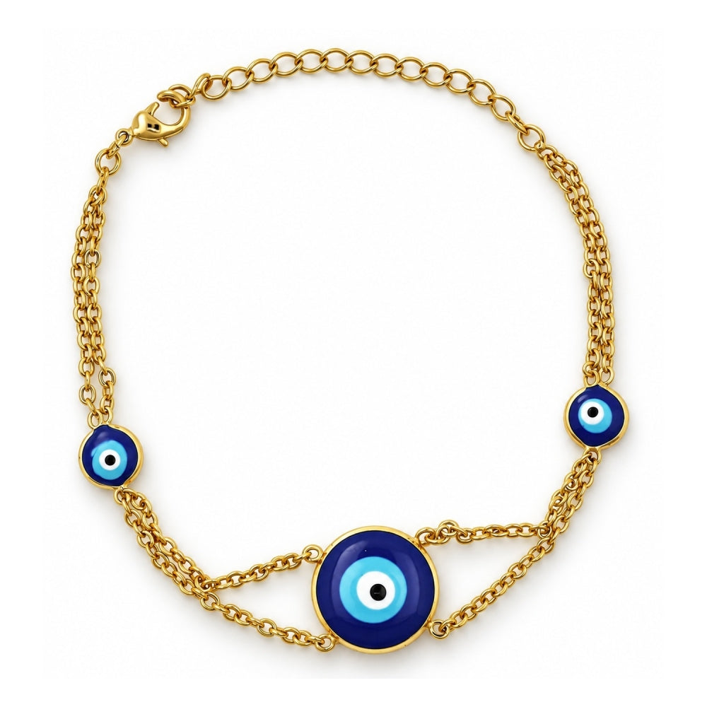 Oro Laminado Fancy Bracelet, Gold Filled Style Evil Eye Design, with Sapphire Blue Opal, Polished, Golden Finish