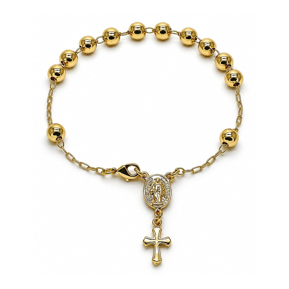 Oro Laminado Bracelet Rosary, Gold Filled Style Virgen Maria and Cross Design, Polished, Golden Finish