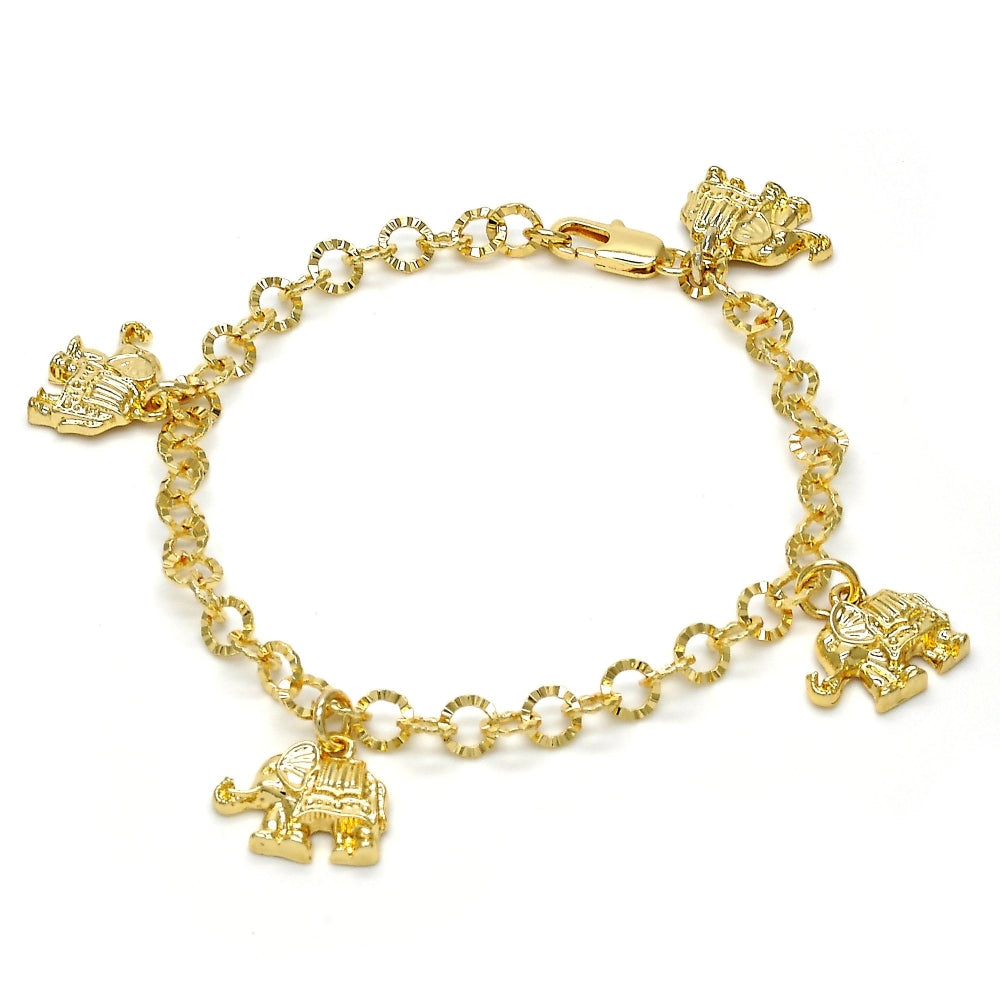 Oro Laminado Charm Bracelet, Gold Filled Style Elephant Design, Diamond Cutting Finish, Golden Finish