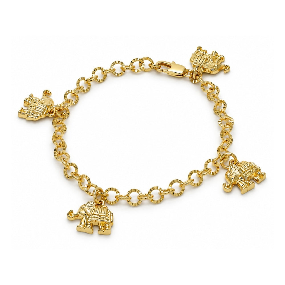 Oro Laminado Charm Bracelet, Gold Filled Style Elephant Design, Diamond Cutting Finish, Golden Finish