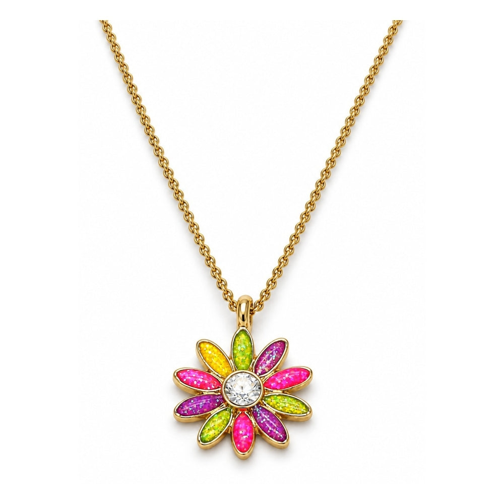 Oro Laminado Pendant Necklace, Gold Filled Style Flower Design, with White Crystal, Multicolor Enamel Finish, Golden Finish