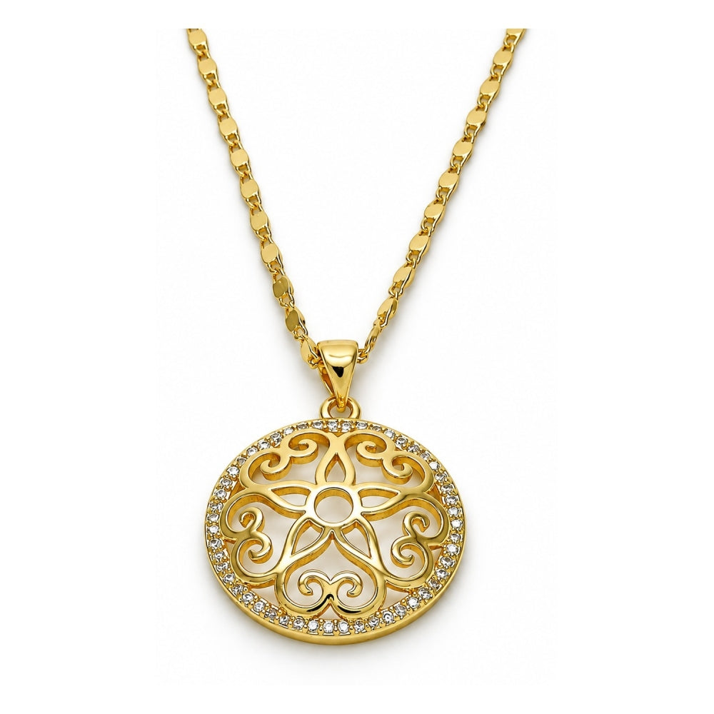 Oro Laminado Pendant Necklace, Gold Filled Style Flower Design, with White Micro Pave, Polished, Golden Finish