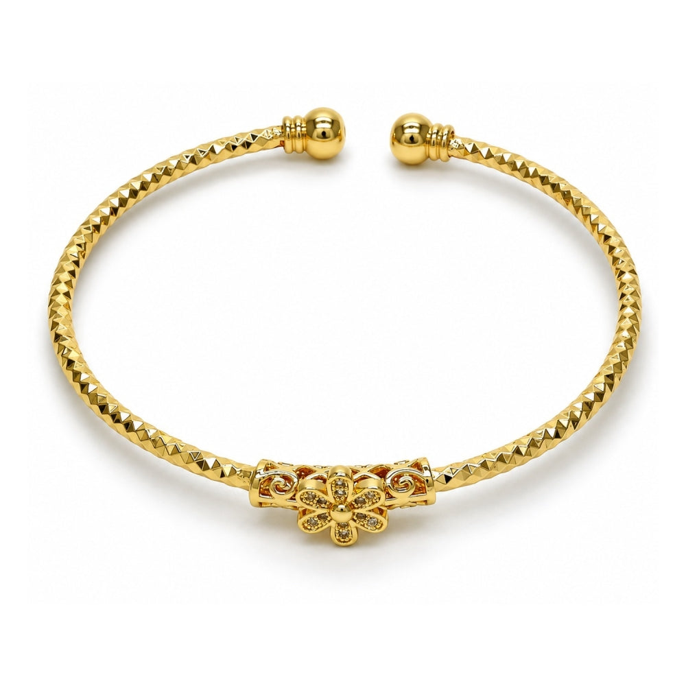 Oro Laminado Individual Bangle, Gold Filled Style Flower Design, with White Micro Pave, Diamond Cutting Finish, Golden Finish