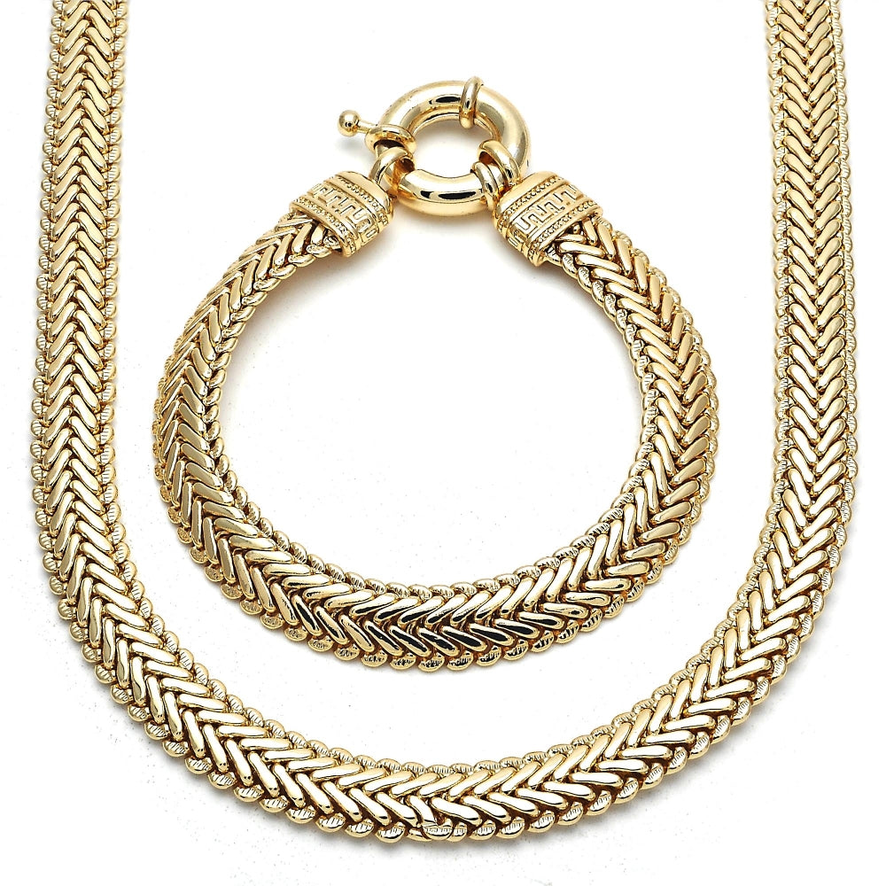Oro Laminado Necklace and Bracelet, Gold Filled Style Greek Key Design, Polished, Golden Finish