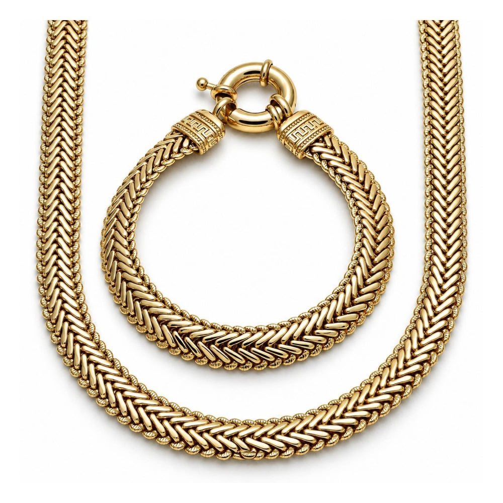Oro Laminado Necklace and Bracelet, Gold Filled Style Greek Key Design, Polished, Golden Finish