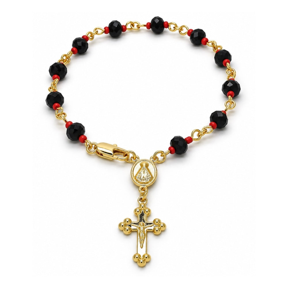 Oro Laminado Bracelet Rosary, Gold Filled Style Caridad del Cobre and Crucifix Design, with Black and Orange Red Azavache, Polished, Golden Finish