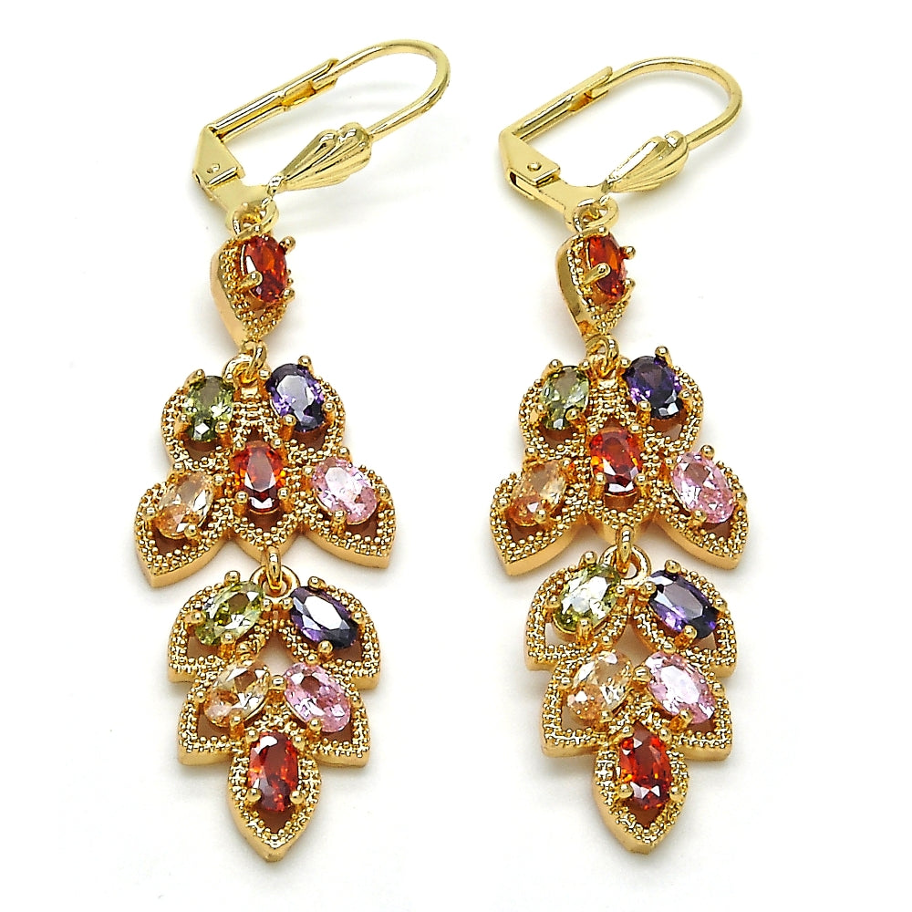 Oro Laminado Long Earring, Gold Filled Style Leaf Design, with Multicolor Cubic Zirconia, Polished, Golden Finish