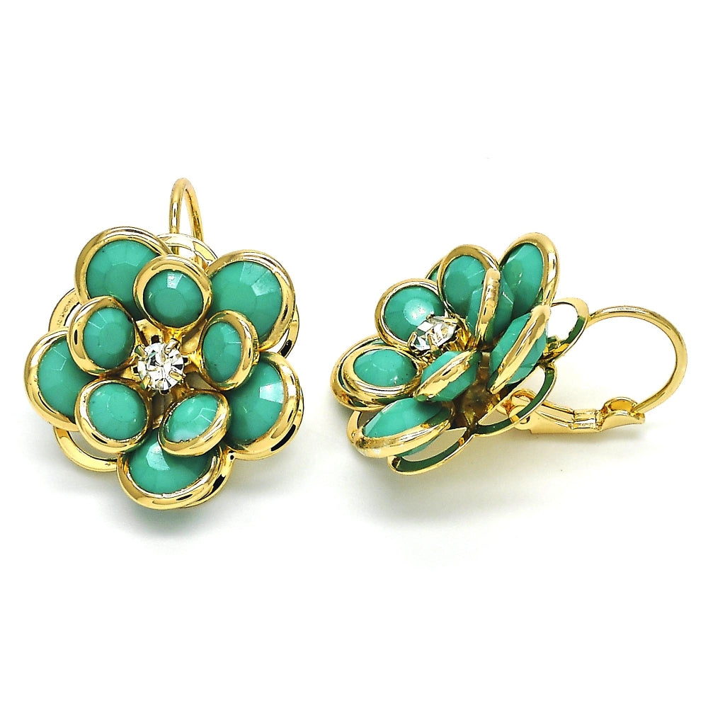 Oro Laminado Leverback Earring, Gold Filled Style Flower Design, with Turquoise and White Crystal, Polished, Golden Finish