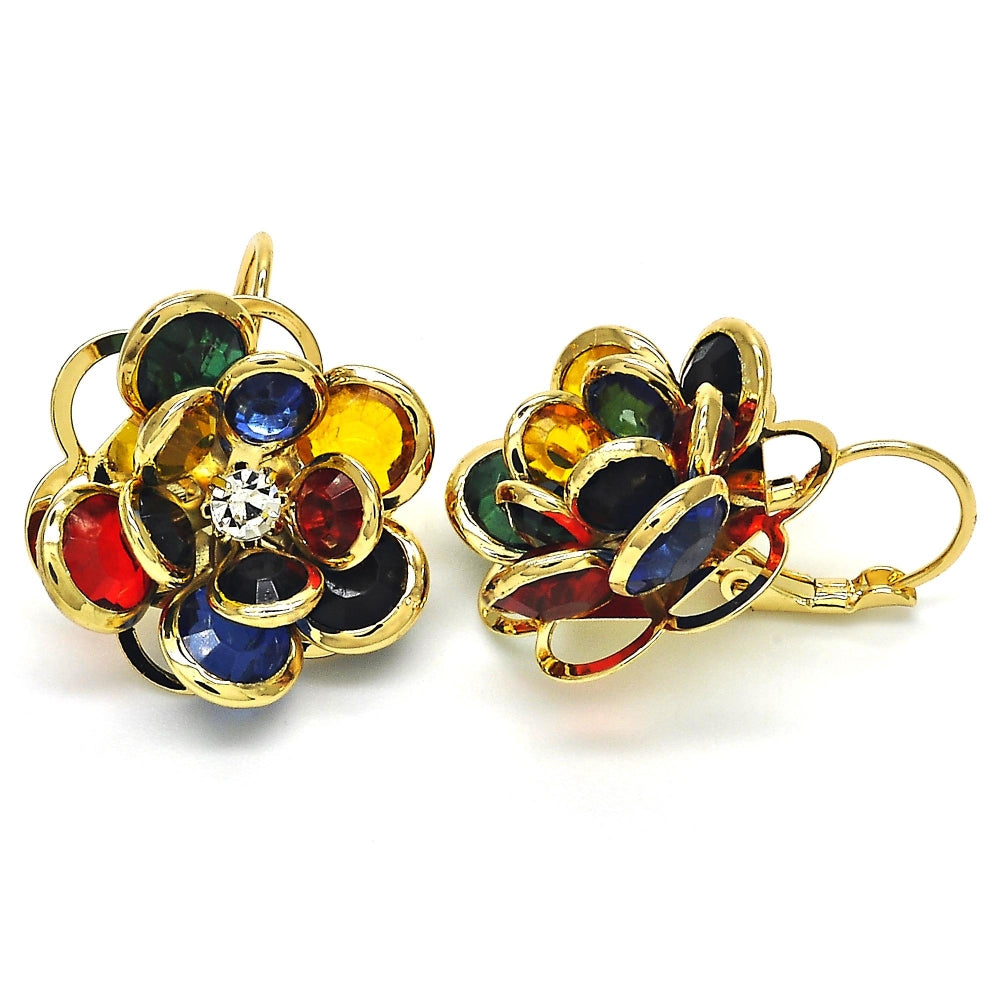 Oro Laminado Leverback Earring, Gold Filled Style Flower Design, with Multicolor Crystal, Polished, Golden Finish
