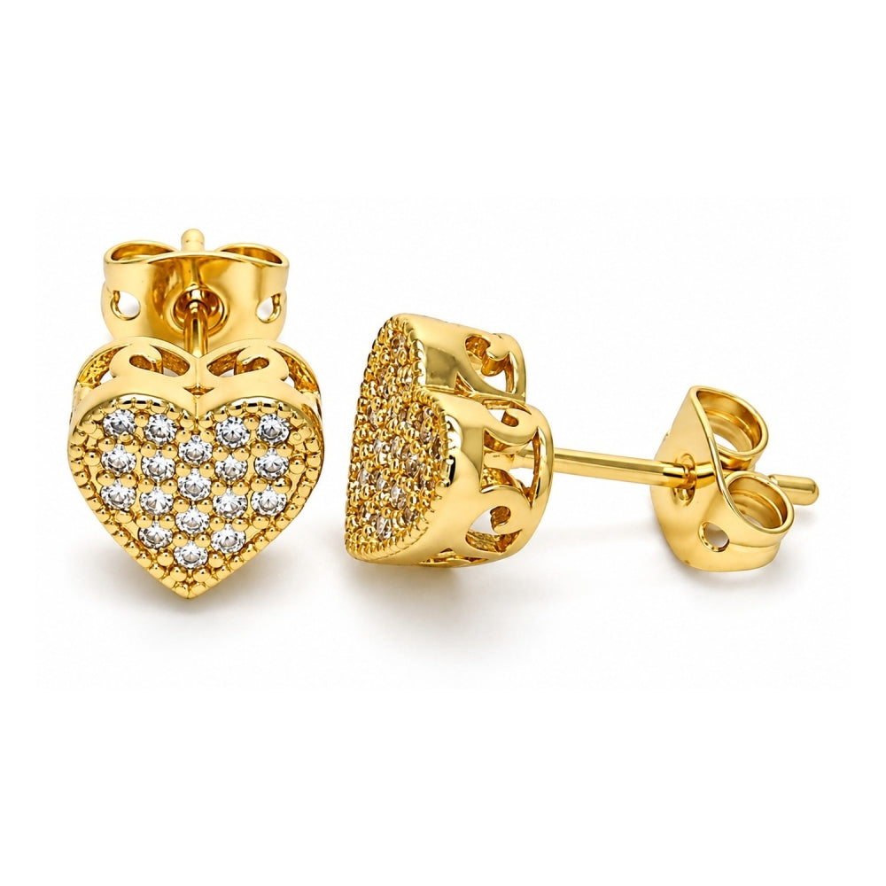 Oro Laminado Stud Earring, Gold Filled Style Heart Design, with White Cubic Zirconia, Polished, Golden Finish