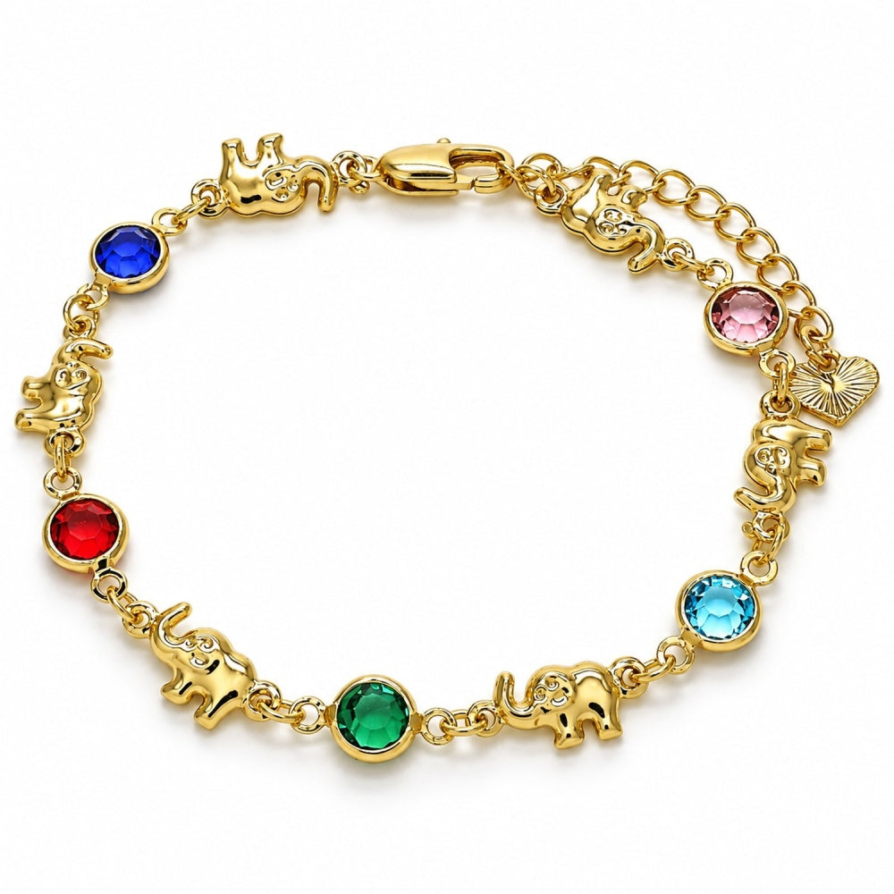 Oro Laminado Fancy Bracelet, Gold Filled Style Elephant Design, with Multicolor Crystal, Polished, Golden Finish