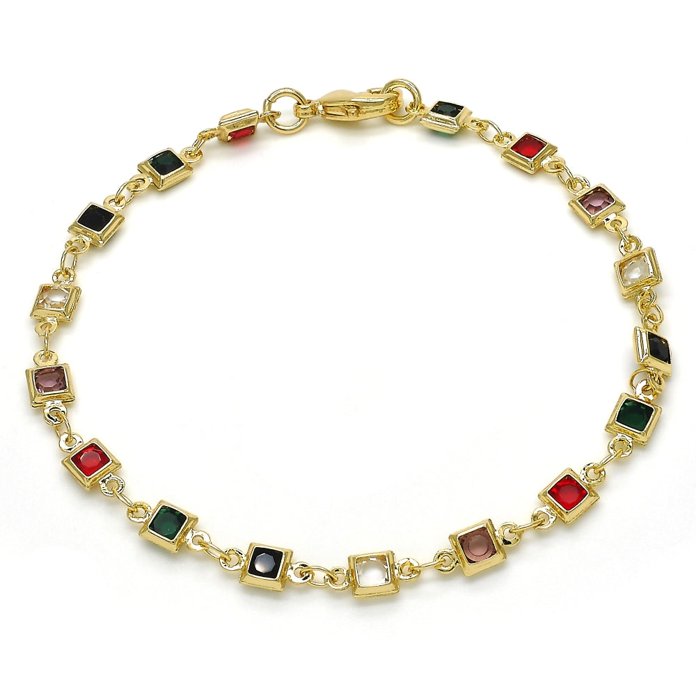 Oro Laminado Fancy Bracelet, Gold Filled Style with Multicolor Crystal, Polished, Golden Finish