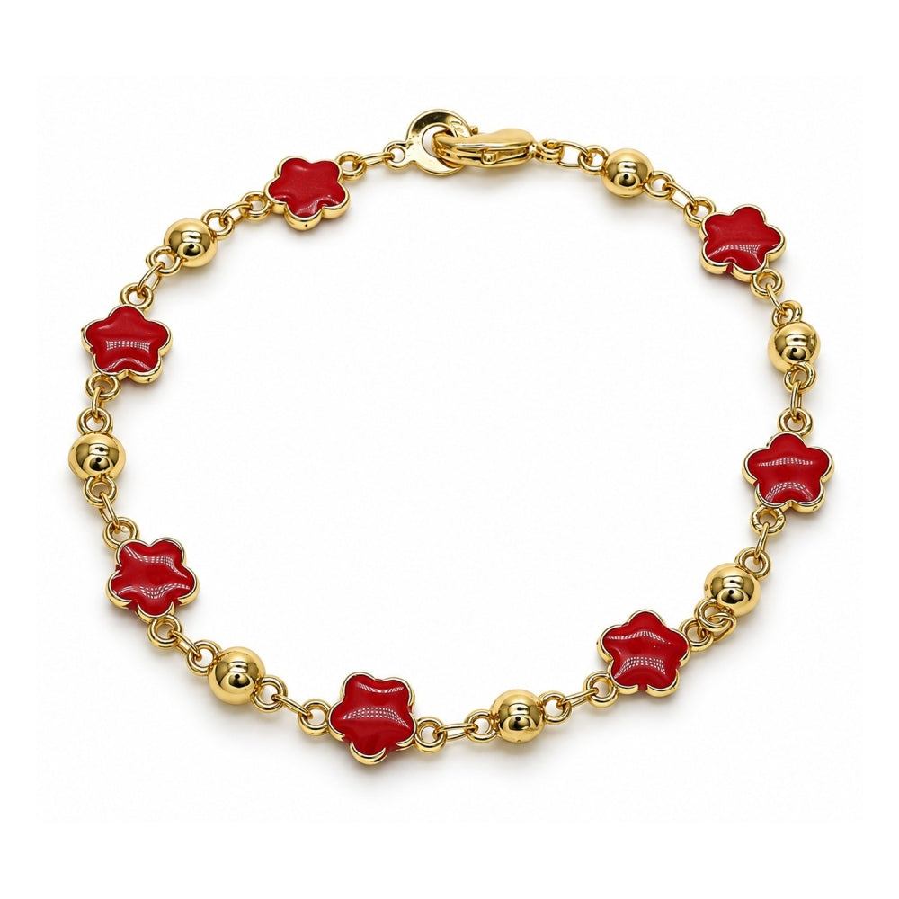 Oro Laminado Fancy Bracelet, Gold Filled Style Flower Design, Red Enamel Finish, Golden Finish