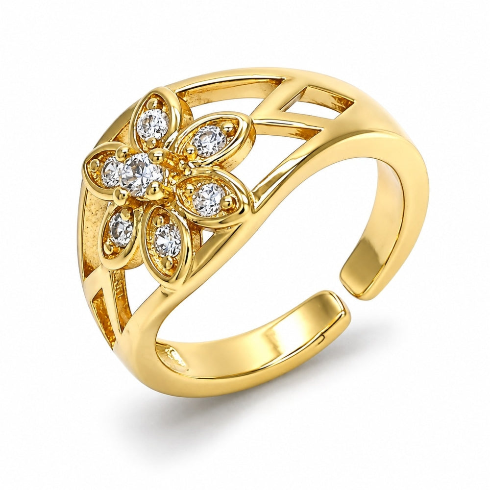 Oro Laminado Multi Stone Ring, Gold Filled Style Flower Design, with White Cubic Zirconia, Polished, Golden Finish
