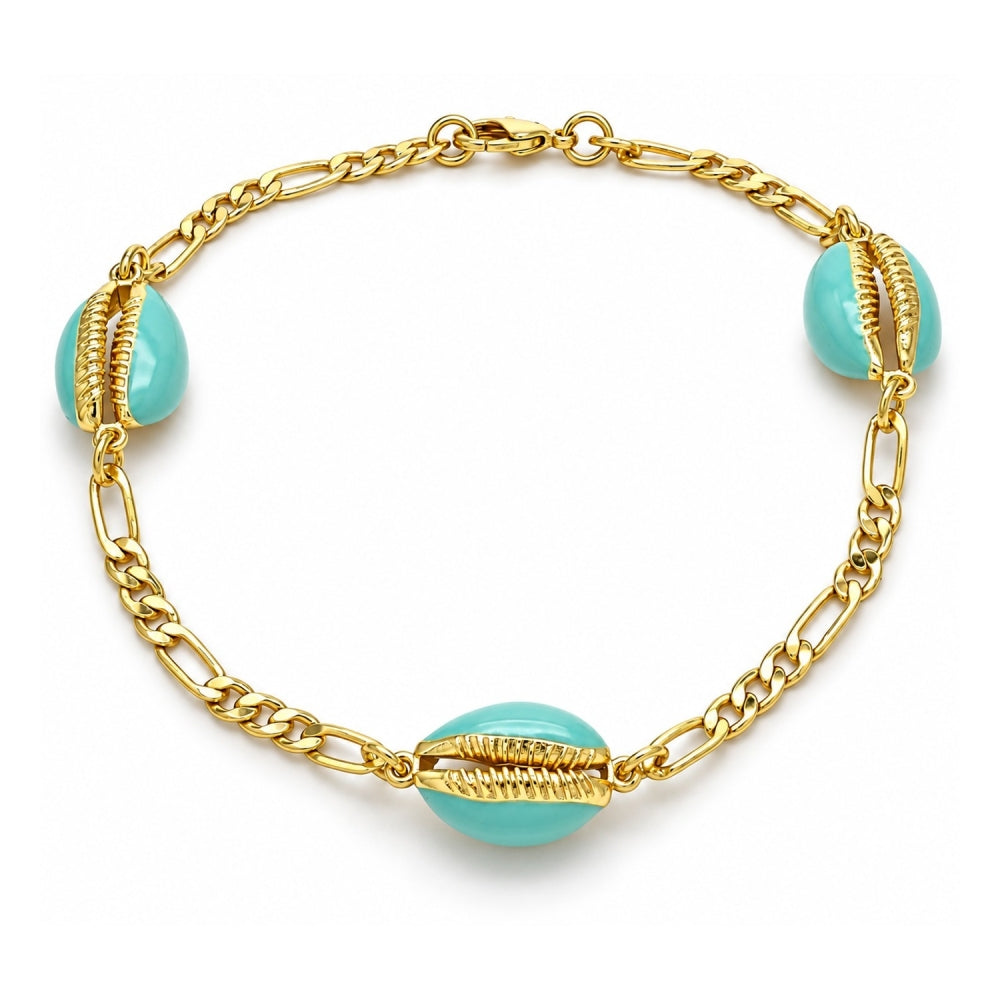 Oro Laminado Fancy Anklet, Gold Filled Style Shell Design, Turquoise Enamel Finish, Golden Finish
