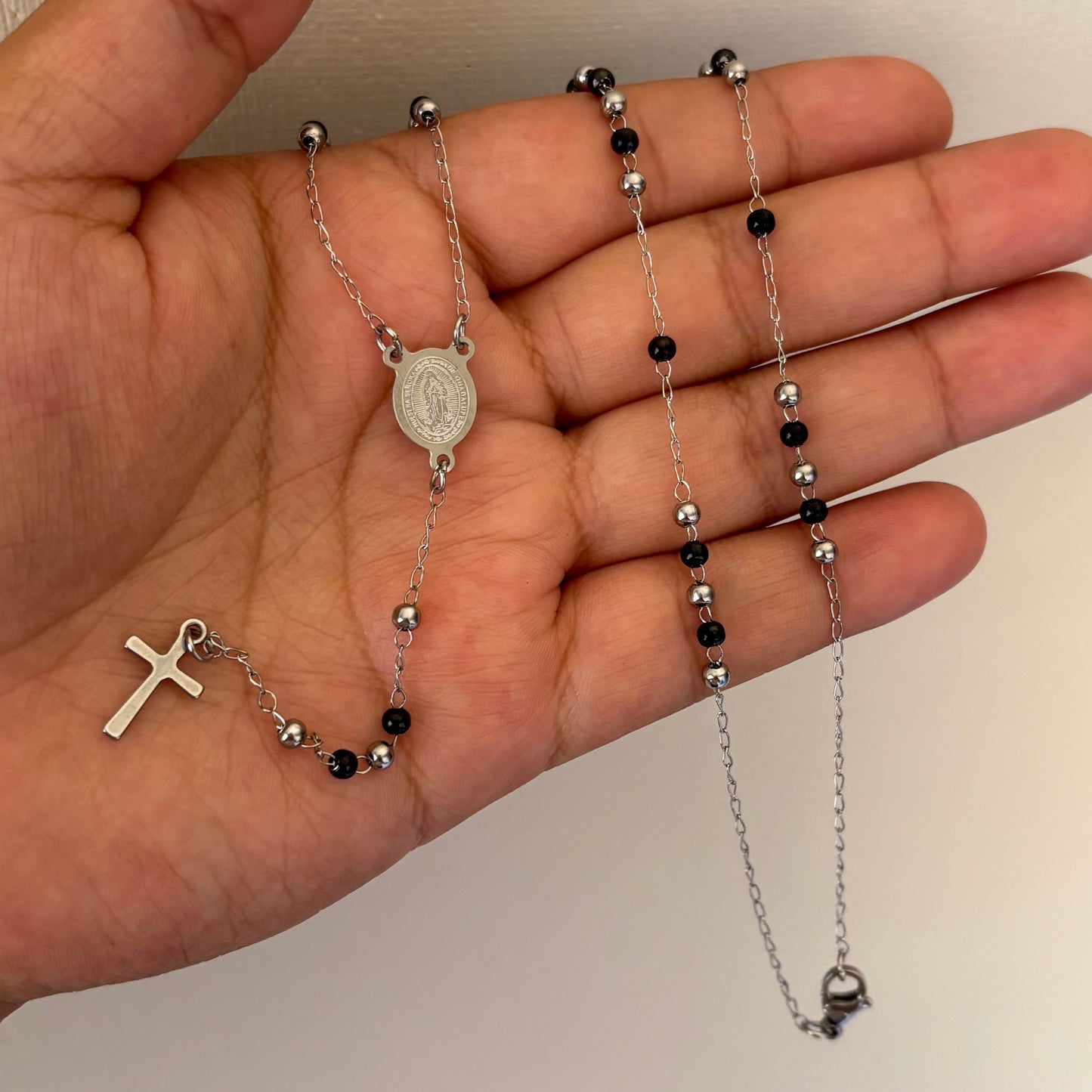 Silver + Black Rosary Necklace