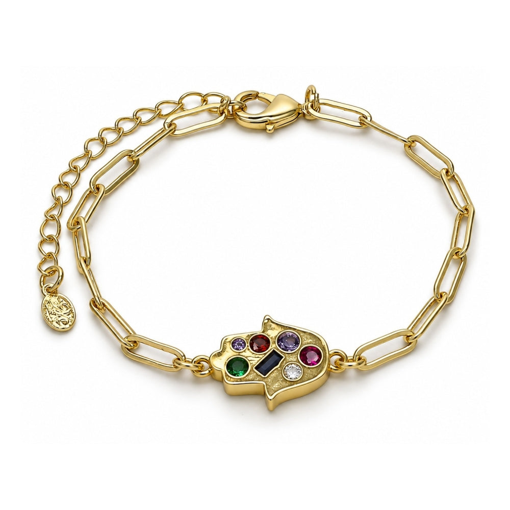 Oro Laminado Fancy Bracelet, Gold Filled Style Hand of God and Paperclip Design, with Multicolor Cubic Zirconia, Polished, Golden Finish