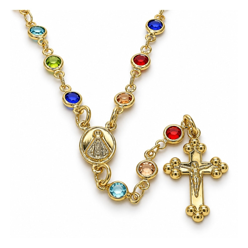 Oro Laminado Medium Rosary, Gold Filled Style Caridad del Cobre and Crucifix Design, with Multicolor Crystal, Polished, Golden Finish