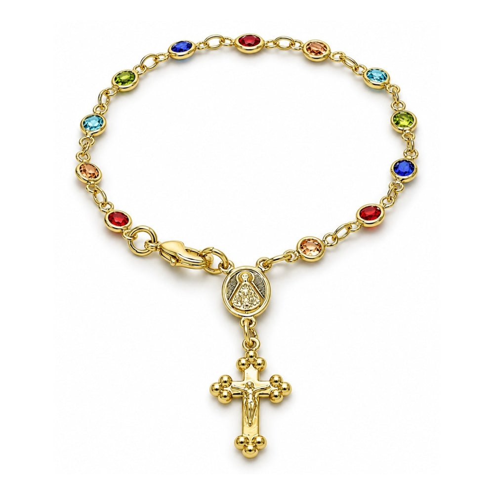 Oro Laminado Bracelet Rosary, Gold Filled Style Caridad del Cobre and Crucifix Design, with Multicolor Crystal, Polished, Golden Finish