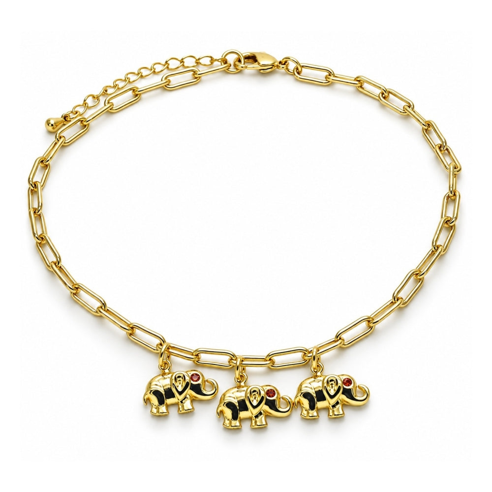 Oro Laminado Charm Anklet , Gold Filled Style Elephant and Paperclip Design, with Garnet Cubic Zirconia, Polished, Golden Finish