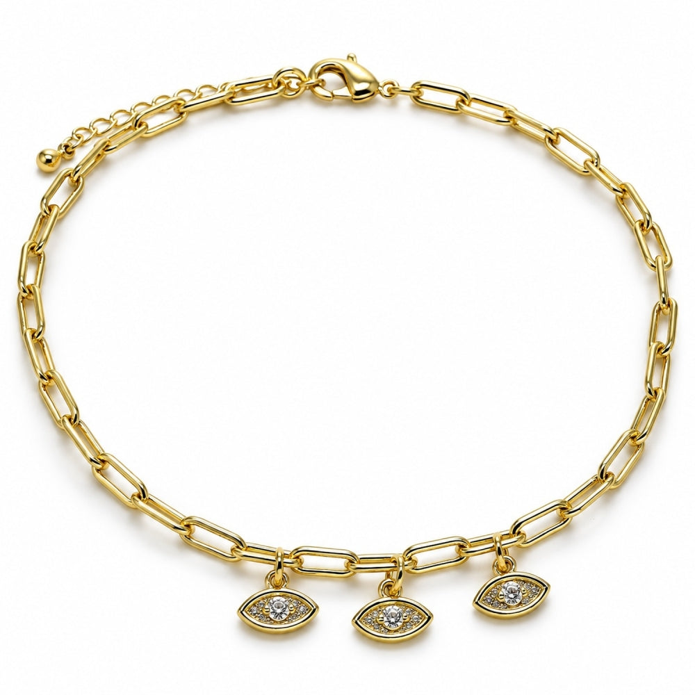 Oro Laminado Charm Anklet , Gold Filled Style Paperclip and Paperclip Design, with White Cubic Zirconia, Polished, Golden Finish