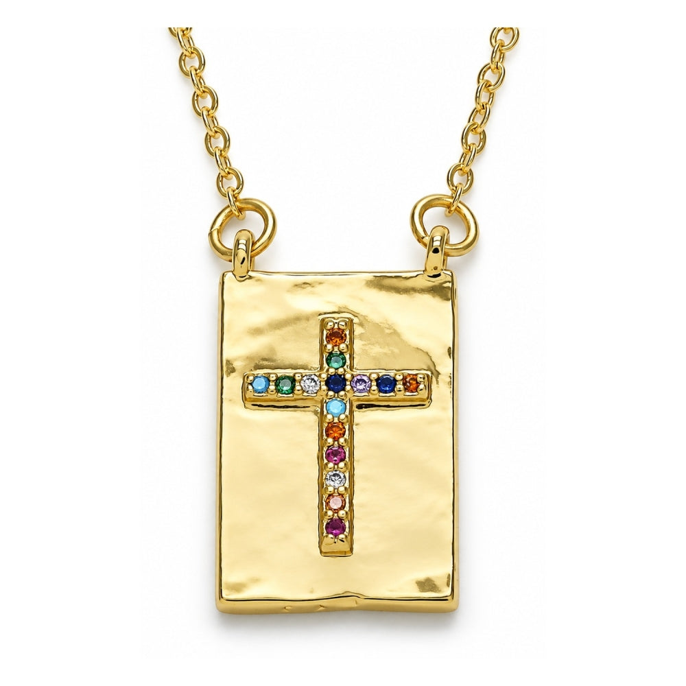 Oro Laminado Pendant Necklace, Gold Filled Style Cross Design, with Multicolor Micro Pave, Polished, Golden Finish