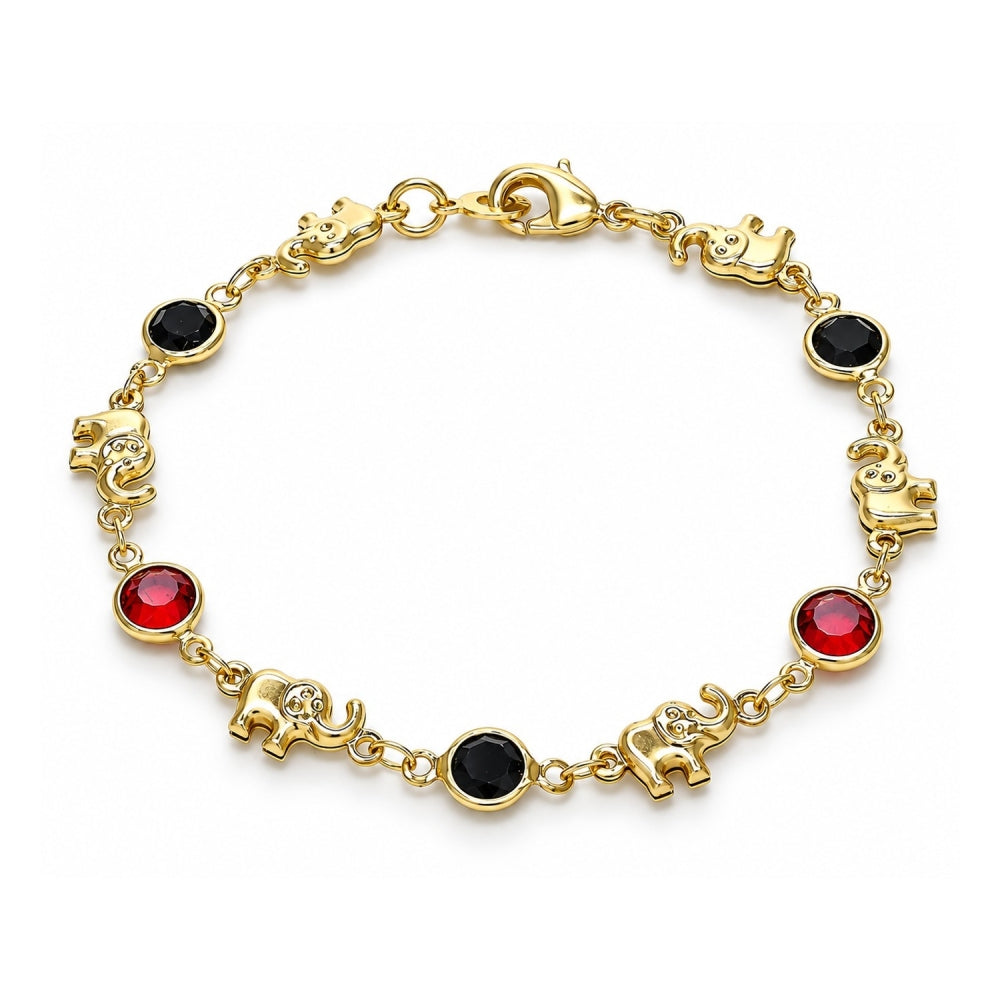 Oro Laminado Fancy Bracelet, Gold Filled Style Elephant Design, with Garnet and Black Crystal, Polished, Golden Finish