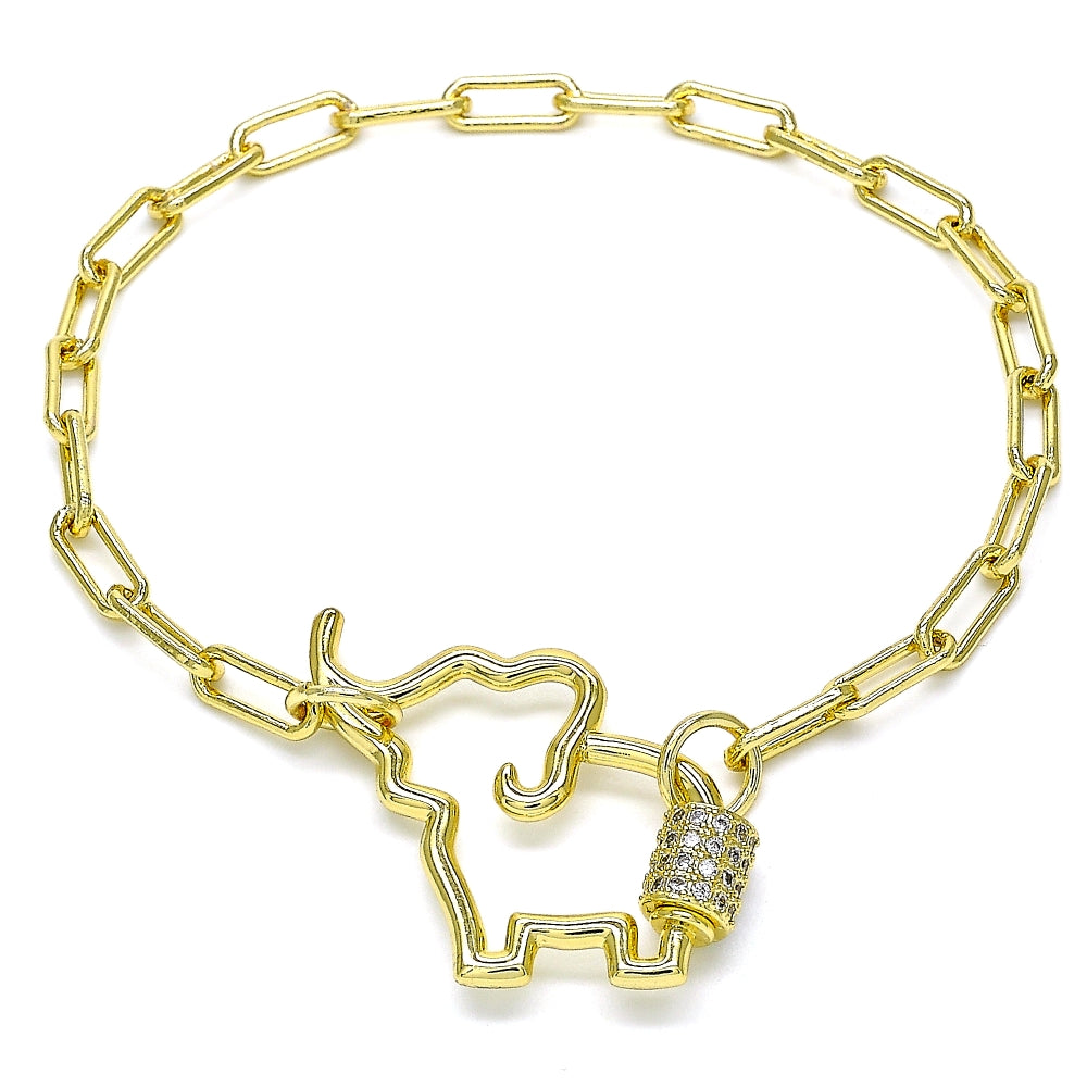 Oro Laminado Fancy Bracelet, Gold Filled Style Elephant Design, with White Micro Pave, Polished, Golden Finish