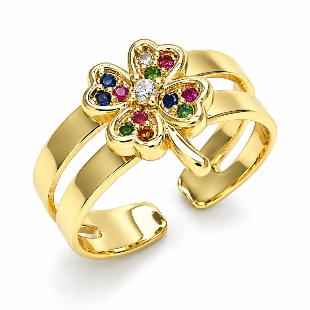 Oro Laminado Baby Ring, Gold Filled Style Four-leaf Clover Design, with Multicolor Micro Pave, Polished, Golden Finish