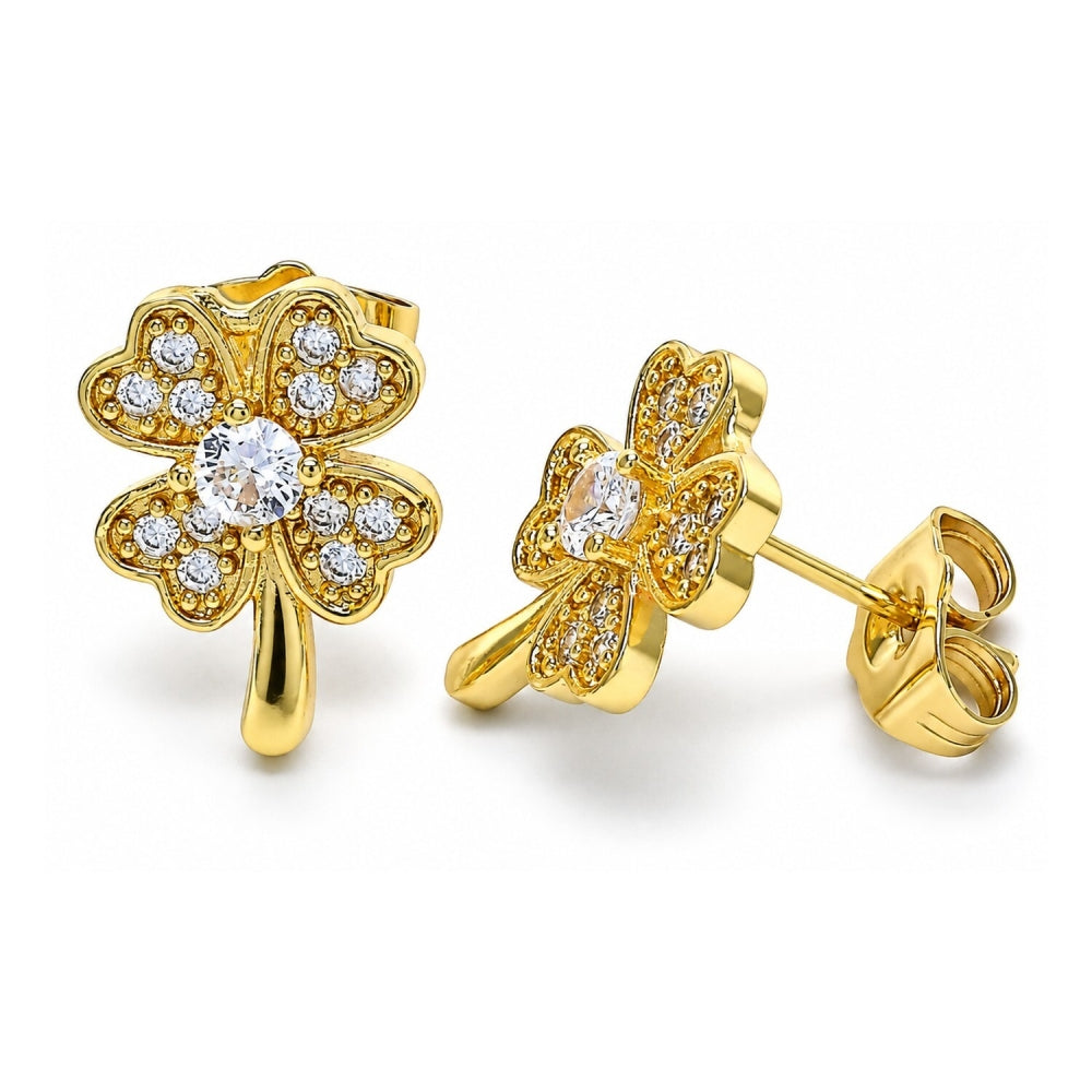 Oro Laminado Stud Earring, Gold Filled Style Four-leaf Clover Design, with White Micro Pave, Polished, Golden Finish