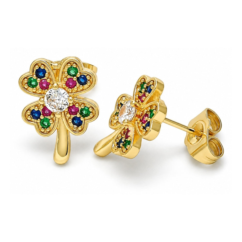 Oro Laminado Stud Earring, Gold Filled Style Four-leaf Clover Design, with Multicolor Micro Pave, Polished, Golden Finish