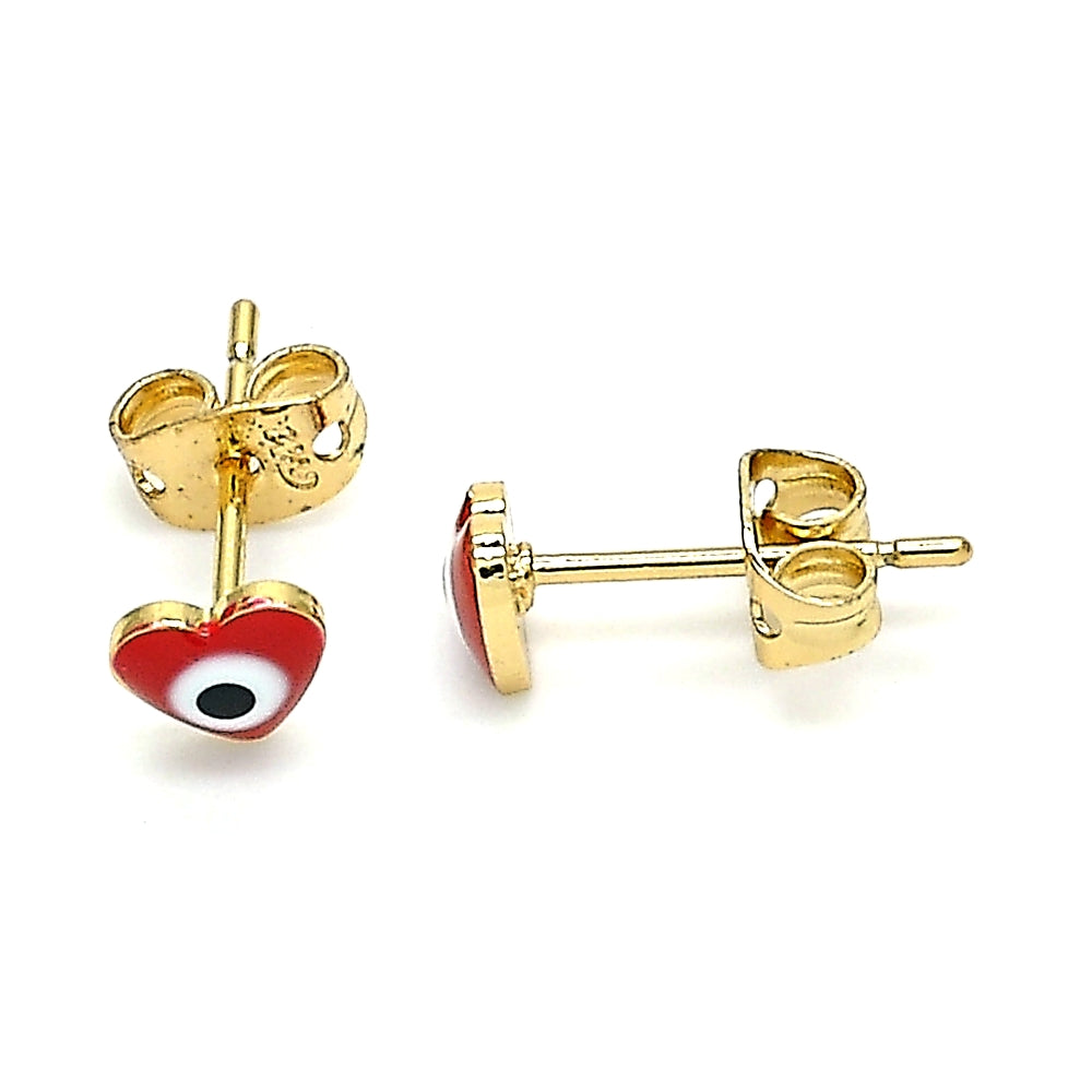 Oro Laminado Stud Earring, Gold Filled Style Evil Eye and Heart Design, Red Enamel Finish, Golden Finish