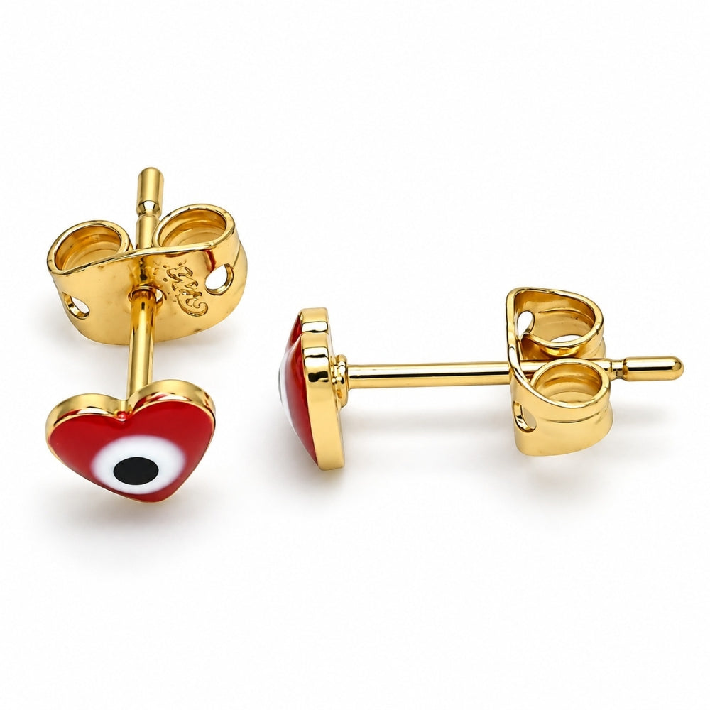 Oro Laminado Stud Earring, Gold Filled Style Evil Eye and Heart Design, Red Enamel Finish, Golden Finish