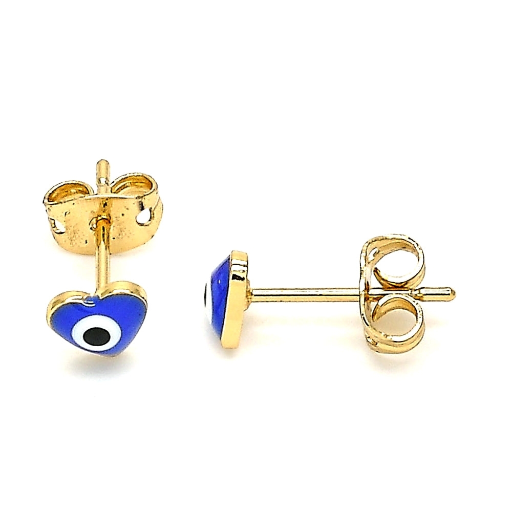 Oro Laminado Stud Earring, Gold Filled Style Evil Eye and Heart Design, Blue Enamel Finish, Golden Finish