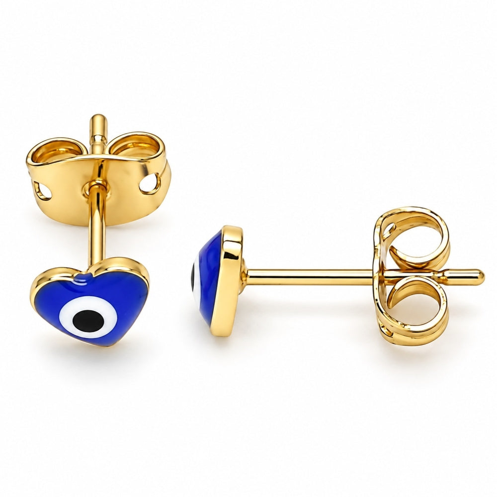 Oro Laminado Stud Earring, Gold Filled Style Evil Eye and Heart Design, Blue Enamel Finish, Golden Finish