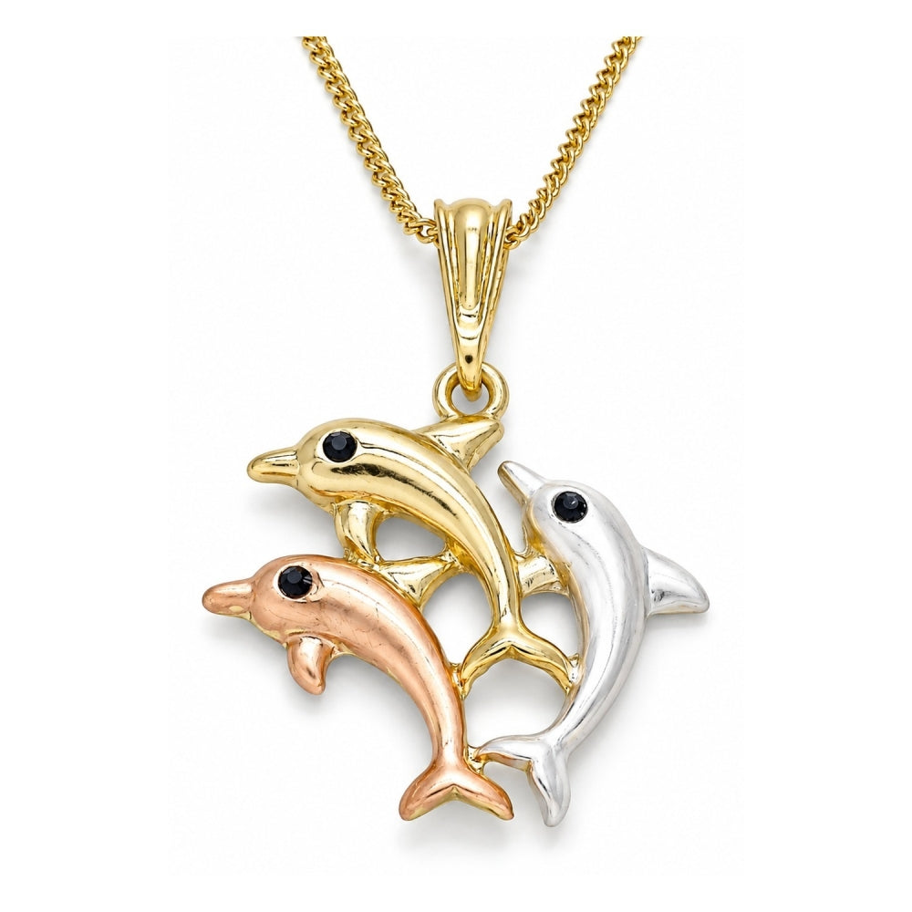 Oro Laminado Pendant Necklace, Gold Filled Style Dolphin Design, with Black Crystal, Polished, Tricolor