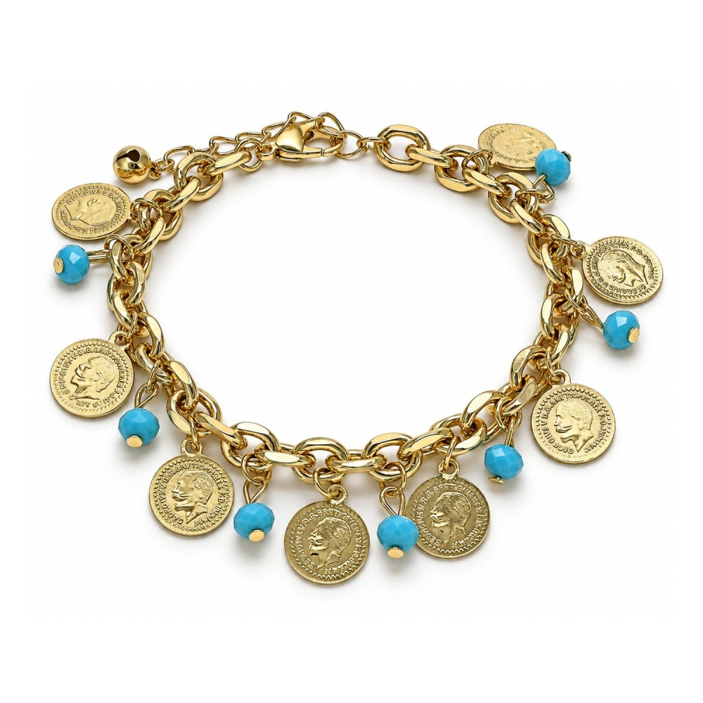 Oro Laminado Charm Bracelet, Gold Filled Style with Turquoise Crystal, Polished, Golden Finish