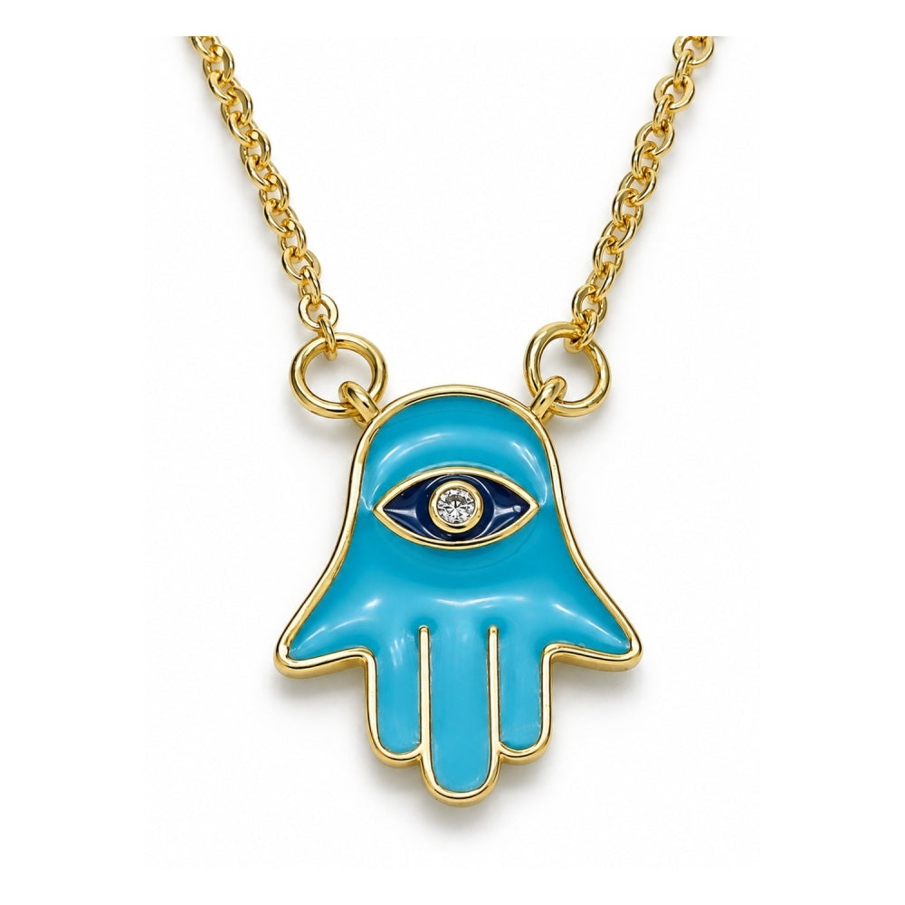Oro Laminado Pendant Necklace, Gold Filled Style Hand of God and Judaica Design, with White Cubic Zirconia, Turquoise Enamel Finish, Golden Finish
