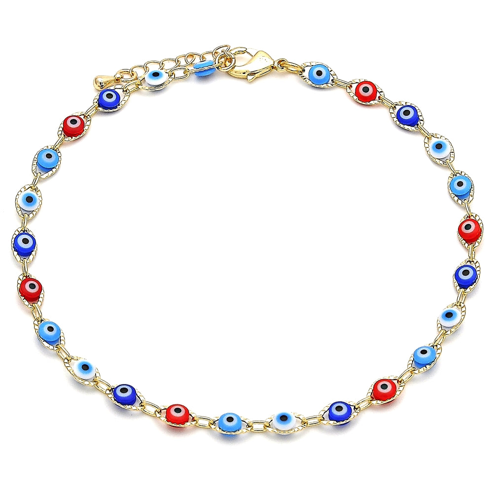Oro Laminado Fancy Anklet, Gold Filled Style Evil Eye Design, Multicolor Resin Finish, Golden Finish