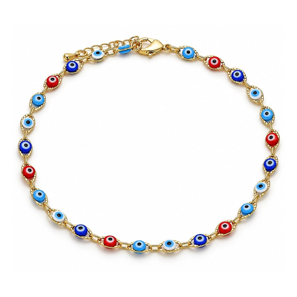 Oro Laminado Fancy Anklet, Gold Filled Style Evil Eye Design, Multicolor Resin Finish, Golden Finish