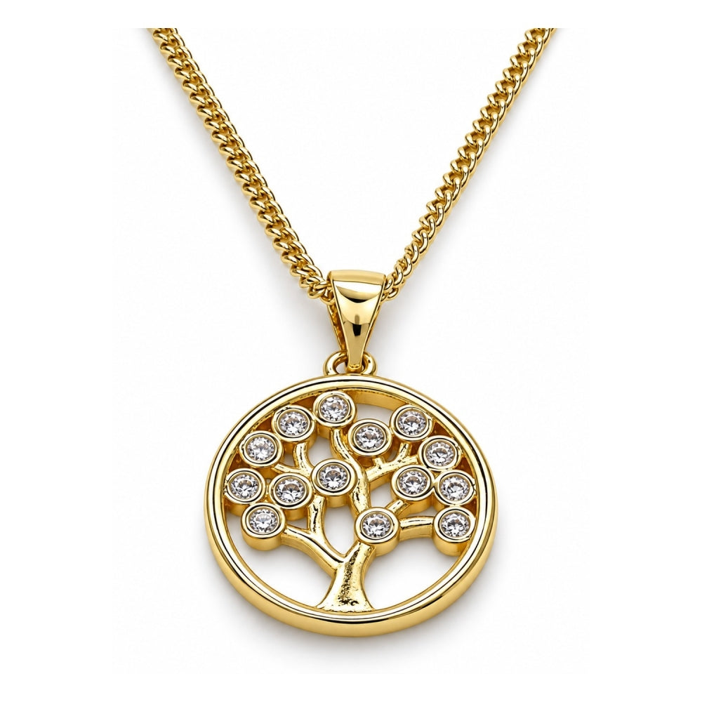 Oro Laminado Pendant Necklace, Gold Filled Style Tree Design, with White Cubic Zirconia, Polished, Golden Finish