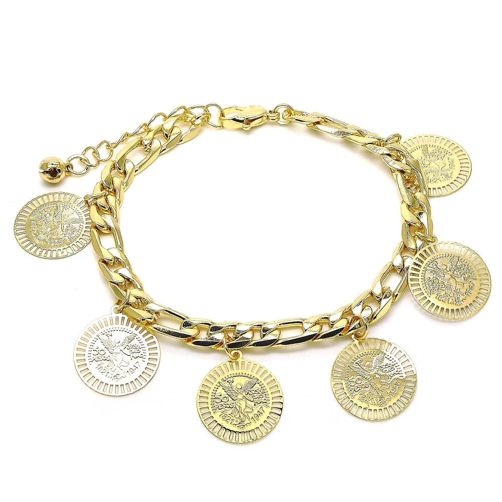 Oro Laminado Charm Bracelet, Gold Filled Style Angel and Centenario Coin Design, Polished, Golden Finish