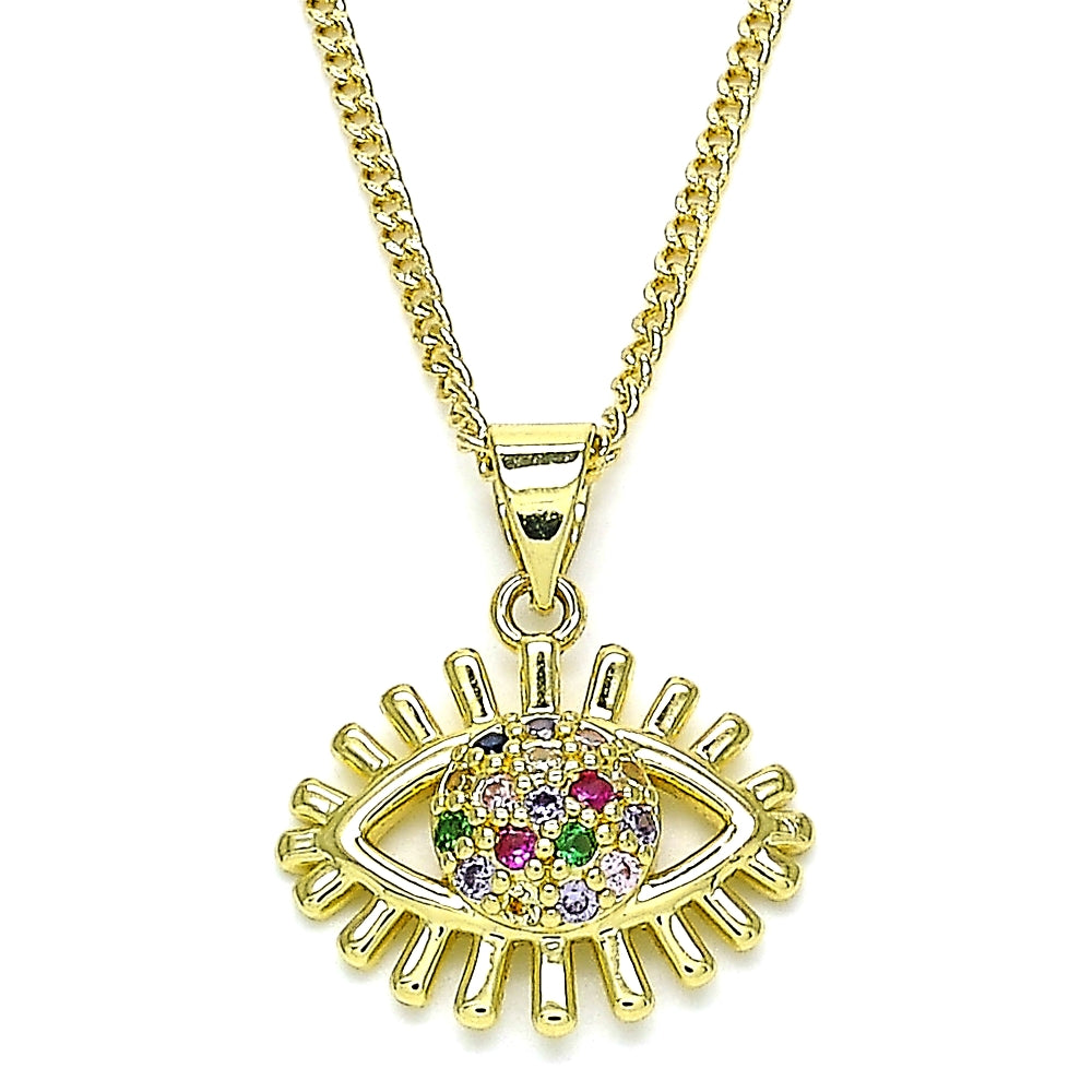 Oro Laminado Pendant Necklace, Gold Filled Style Evil Eye Design, with Multicolor Micro Pave, Polished, Golden Finish